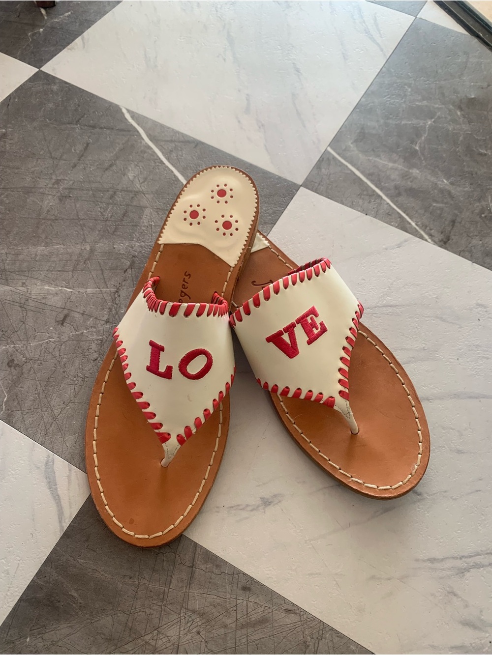 Jack Rogers White Leather Thong Sandals with Red Stitching and 'LOVE' Detail